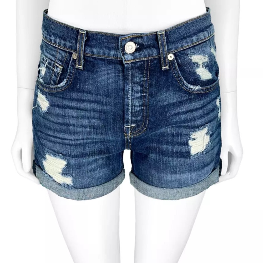 7 For All Mankind Blue Distressed Jean Shorts
